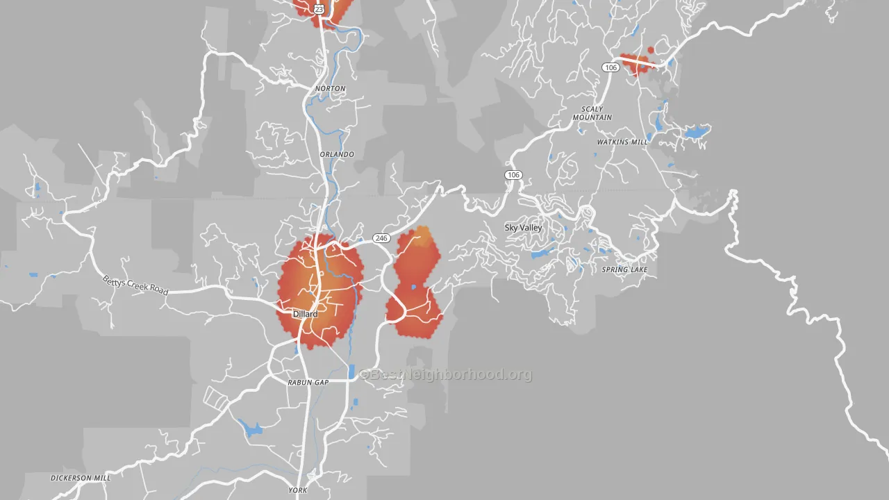 Walk Grade map of 30537, GA, walkable areas in green and car-dependent areas in red
