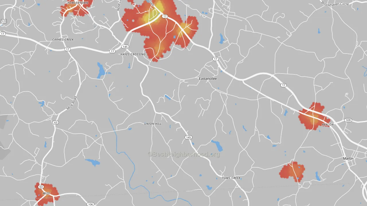 Walk Grade map of 30538, GA, walkable areas in green and car-dependent areas in red