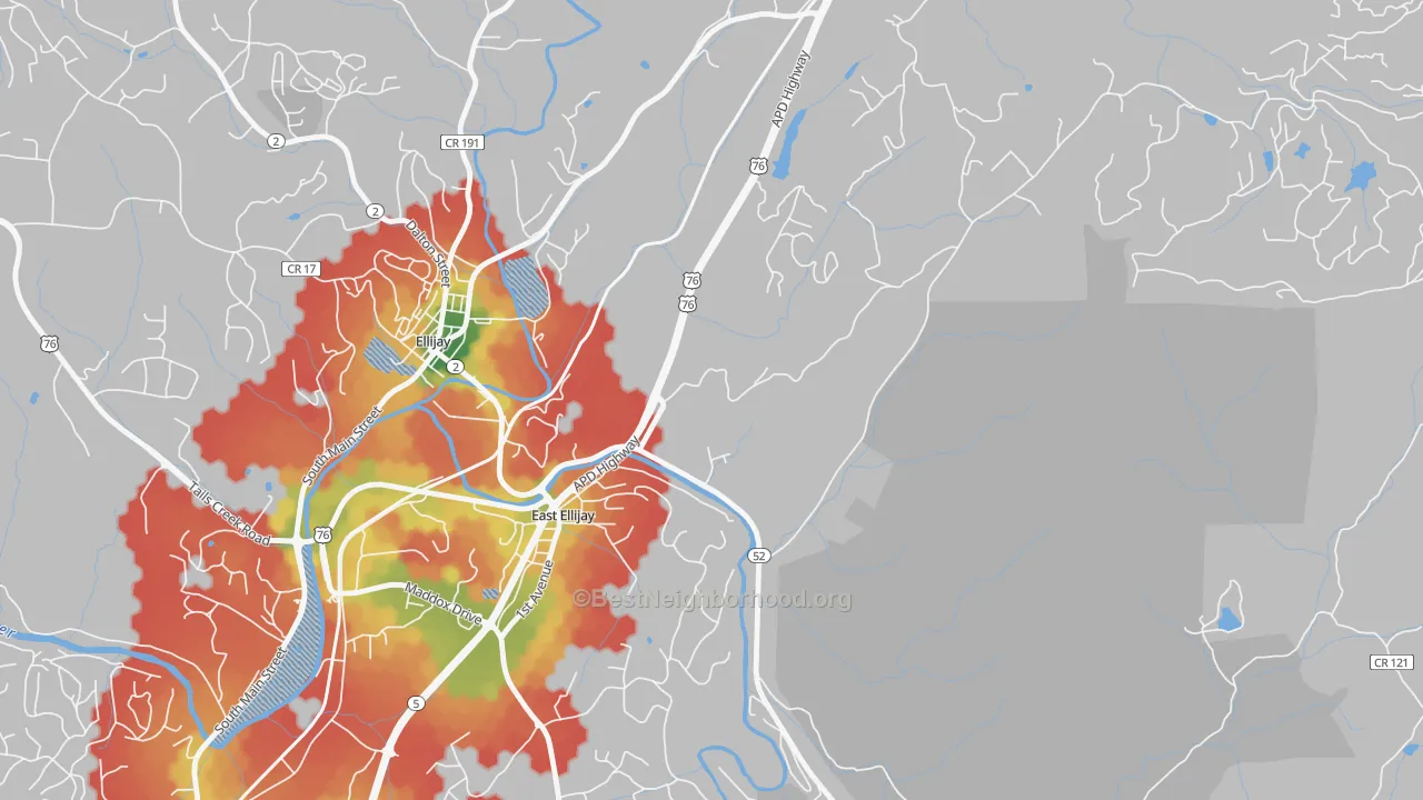 Walk Grade map of 30539, GA, walkable areas in green and car-dependent areas in red