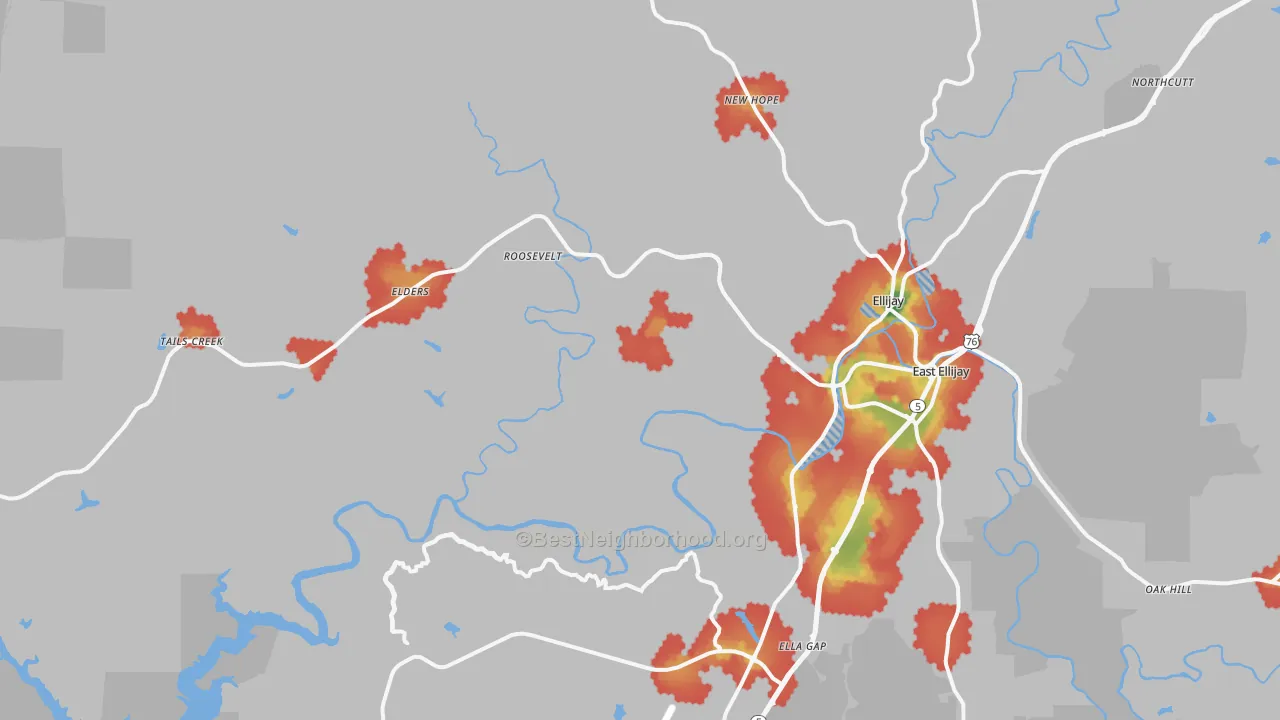 Walk Grade map of 30540, GA, walkable areas in green and car-dependent areas in red