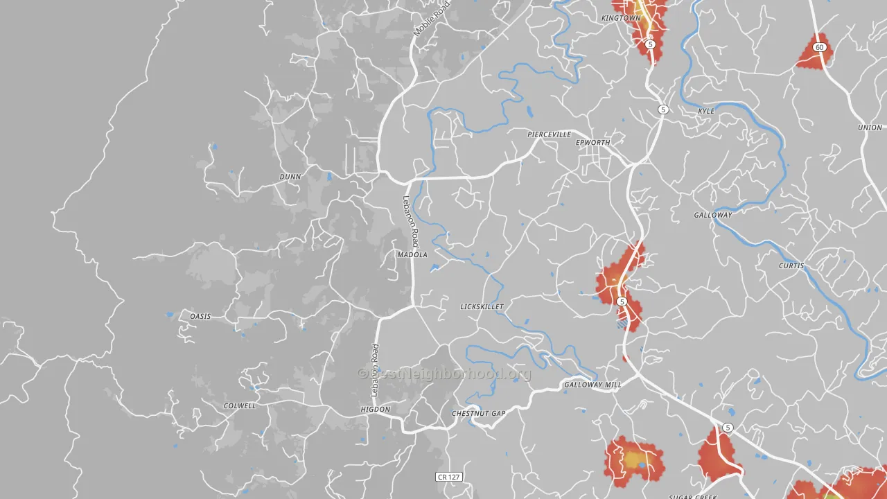 Walk Grade map of 30541, GA, walkable areas in green and car-dependent areas in red
