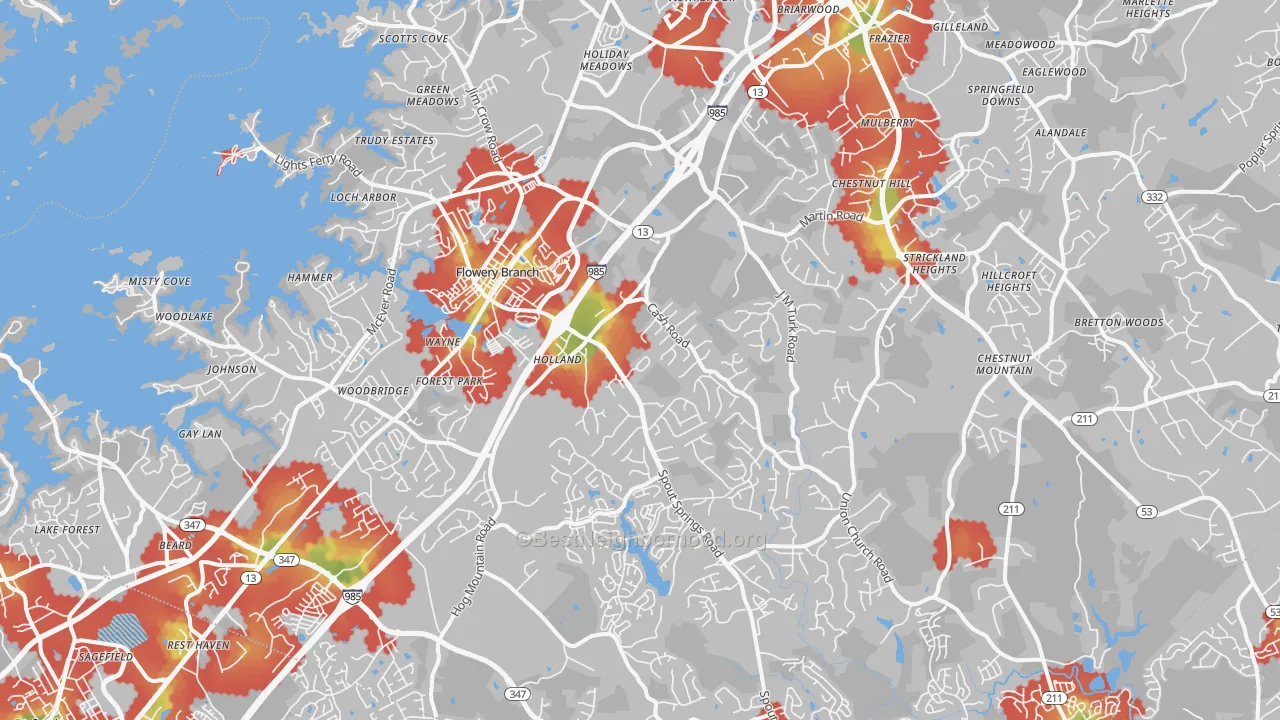 Walk Grade map of 30542, GA, walkable areas in green and car-dependent areas in red