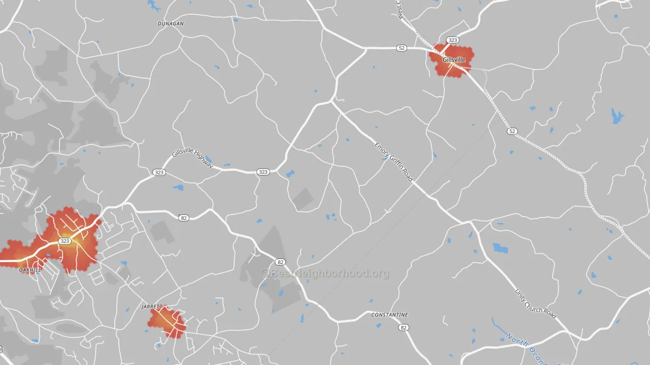 Walk Grade map of 30543, GA, walkable areas in green and car-dependent areas in red