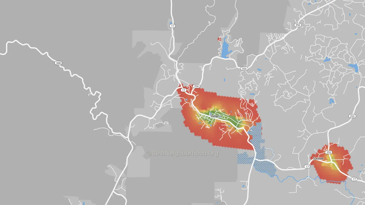 Walk Grade map of 30545, GA, walkable areas in green and car-dependent areas in red