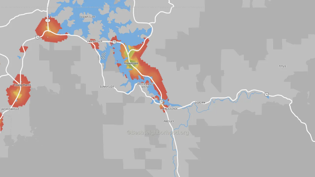 Walk Grade map of 30546, GA, walkable areas in green and car-dependent areas in red