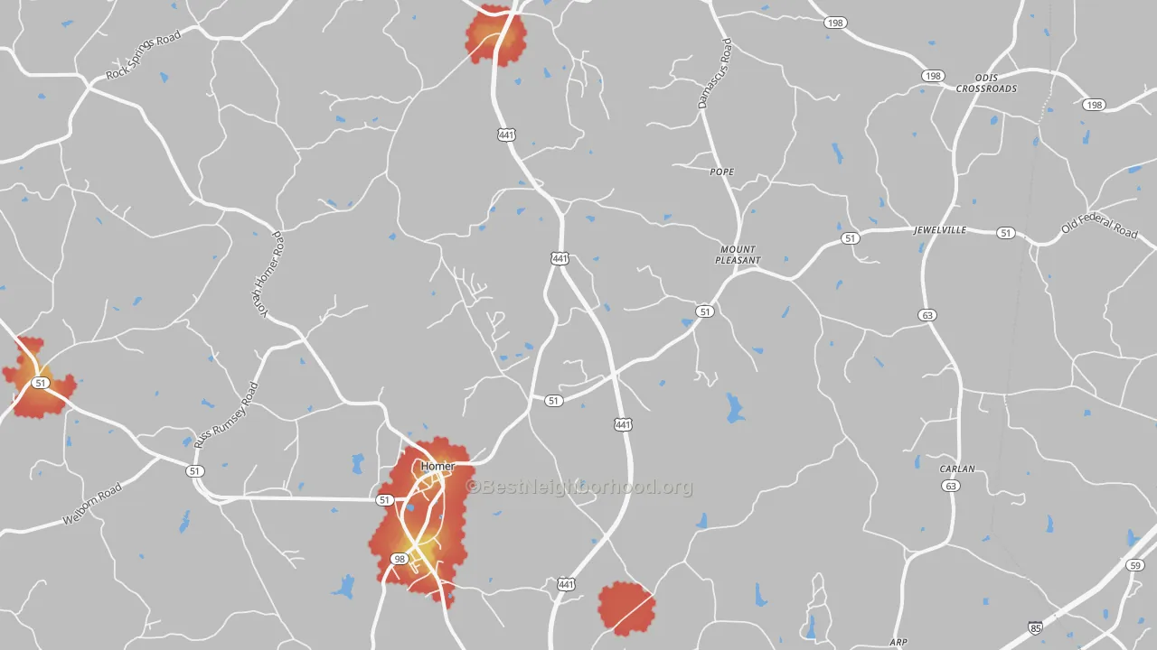 Walk Grade map of 30547, GA, walkable areas in green and car-dependent areas in red