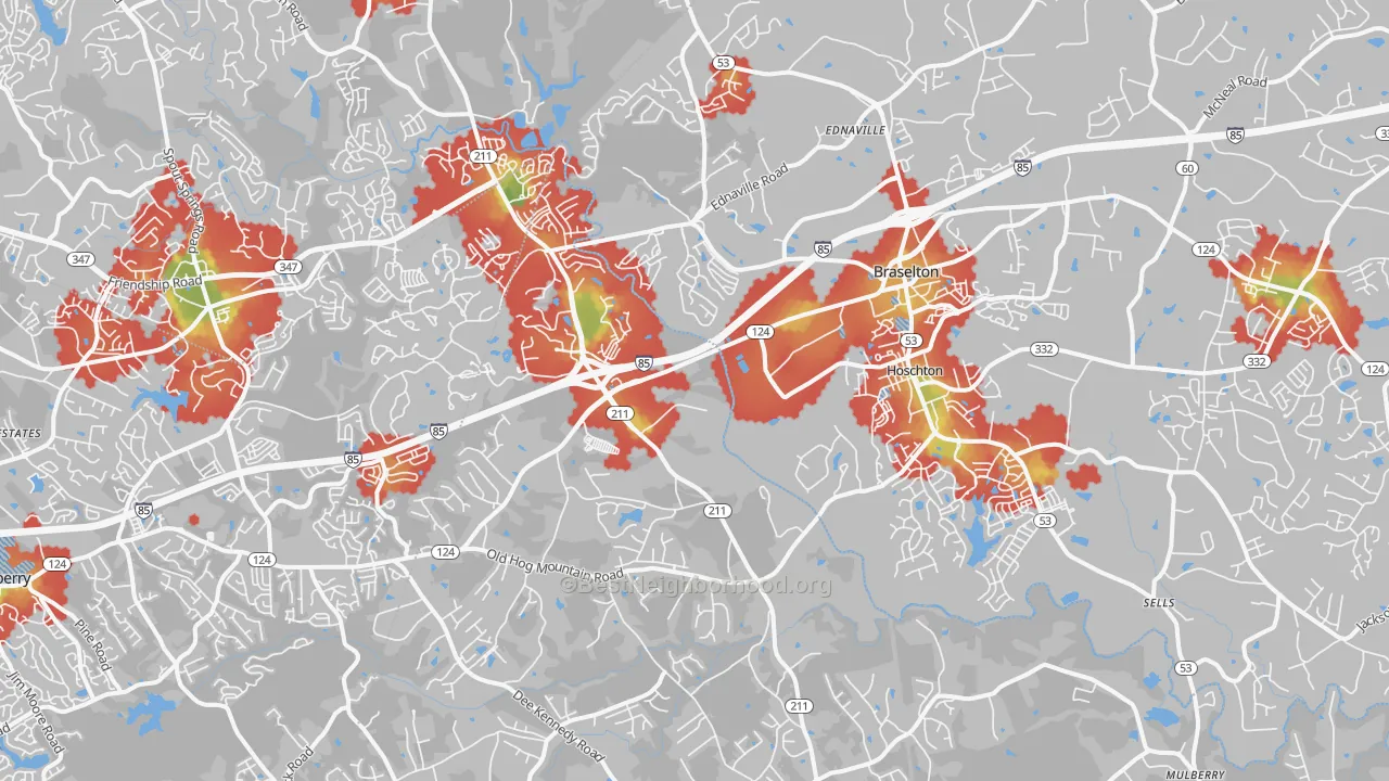 Walk Grade map of 30548, GA, walkable areas in green and car-dependent areas in red