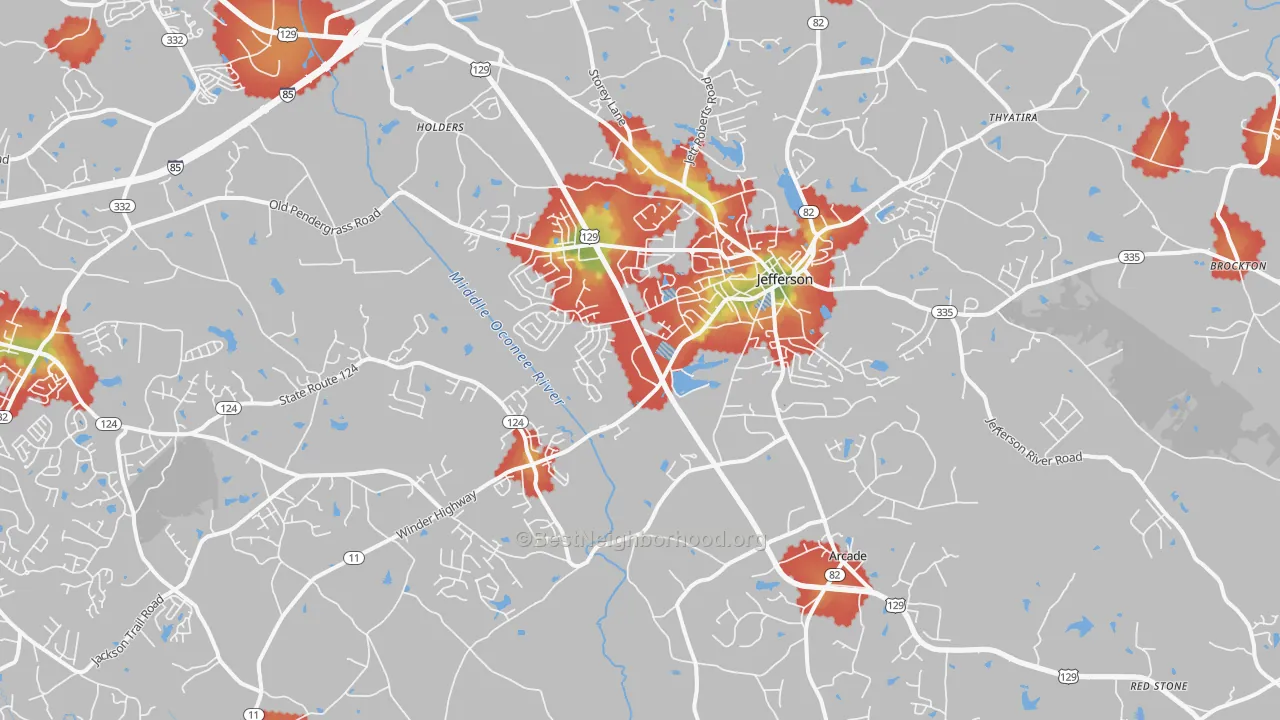 Walk Grade map of 30549, GA, walkable areas in green and car-dependent areas in red