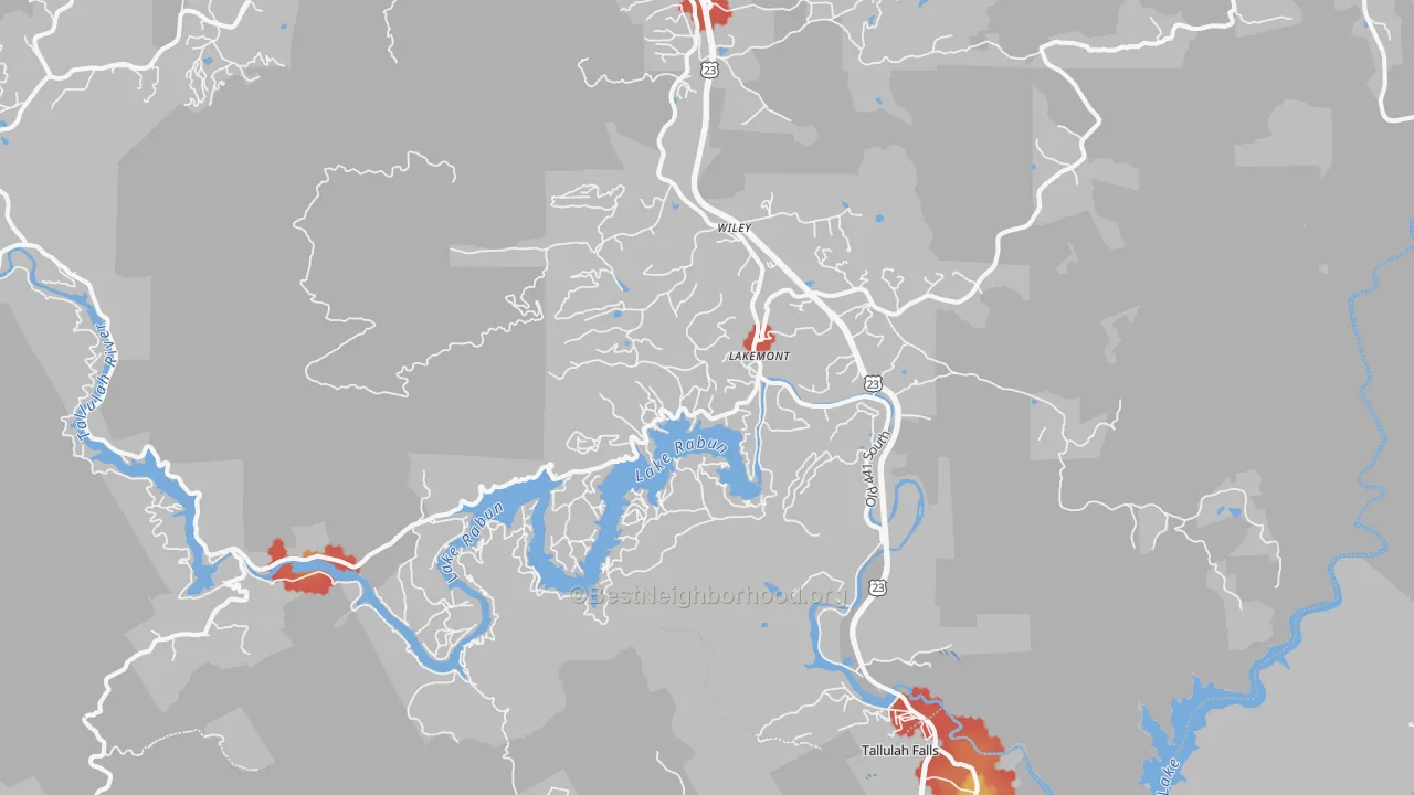 Walk Grade map of 30552, GA, walkable areas in green and car-dependent areas in red