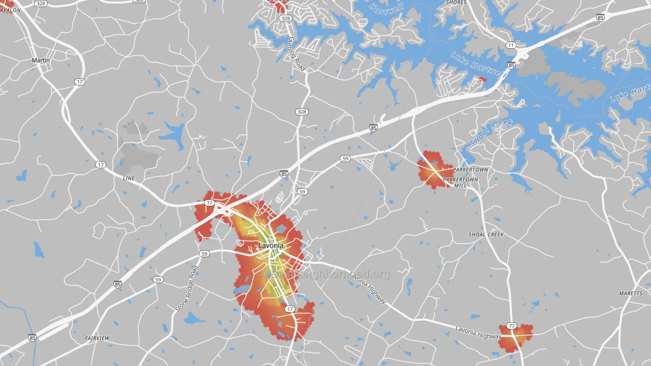 Walk Grade map of 30553, GA, walkable areas in green and car-dependent areas in red