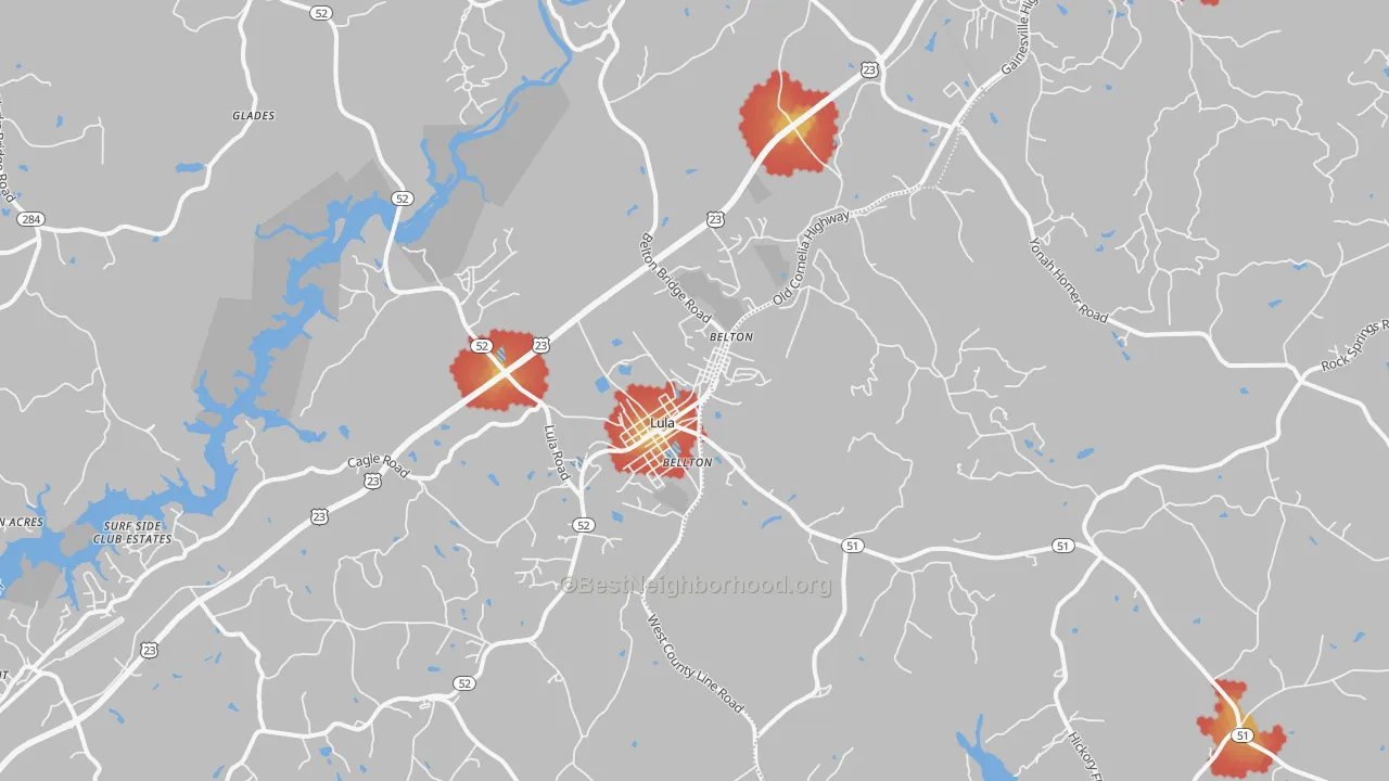 Walk Grade map of 30554, GA, walkable areas in green and car-dependent areas in red