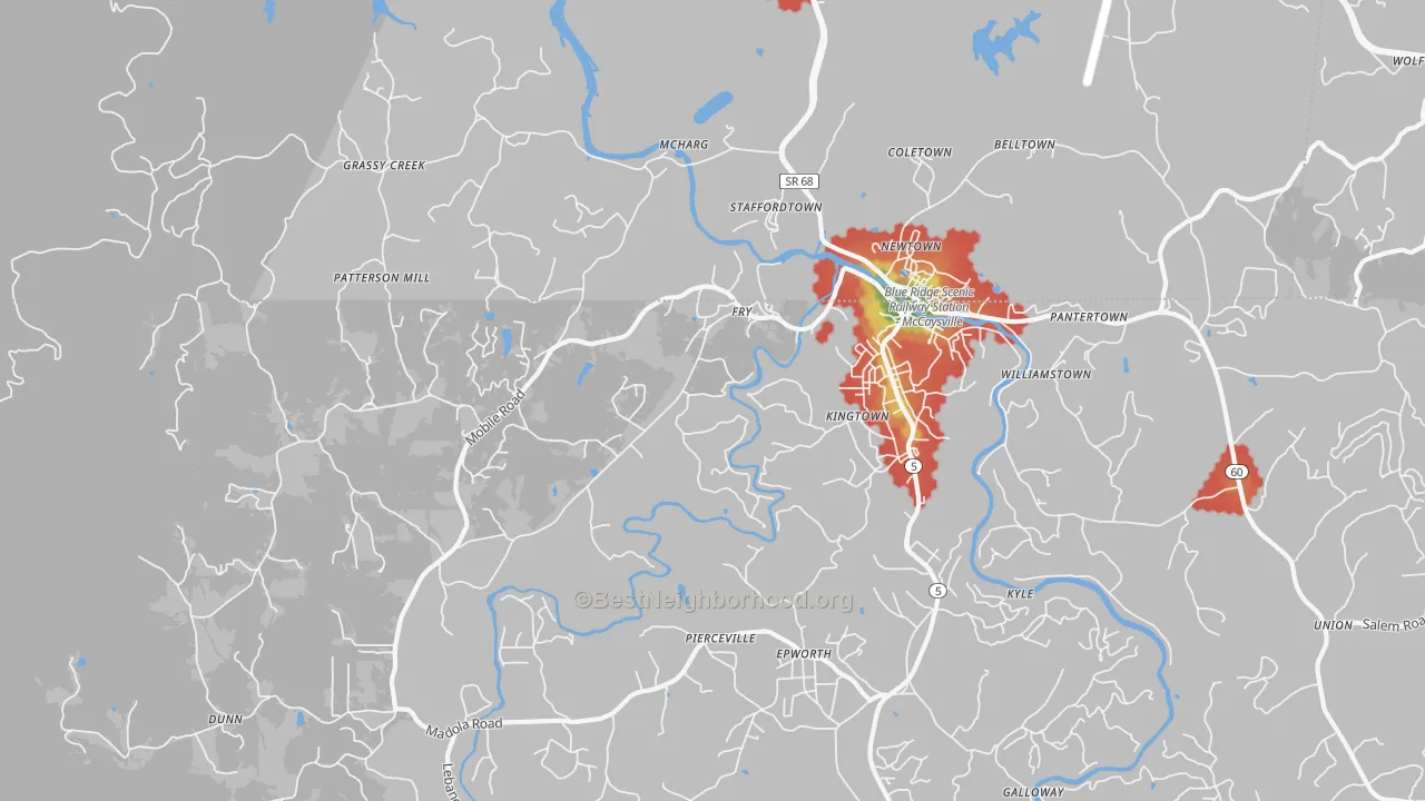Walk Grade map of 30555, GA, walkable areas in green and car-dependent areas in red