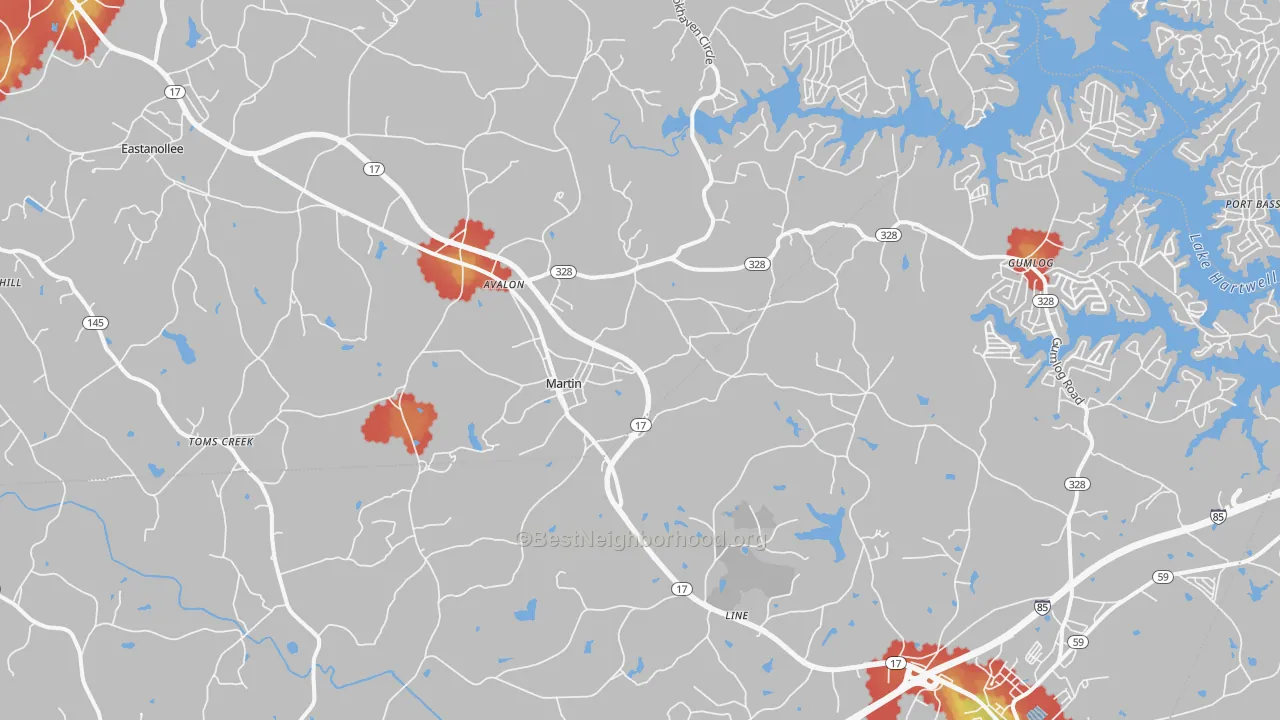 Walk Grade map of 30557, GA, walkable areas in green and car-dependent areas in red