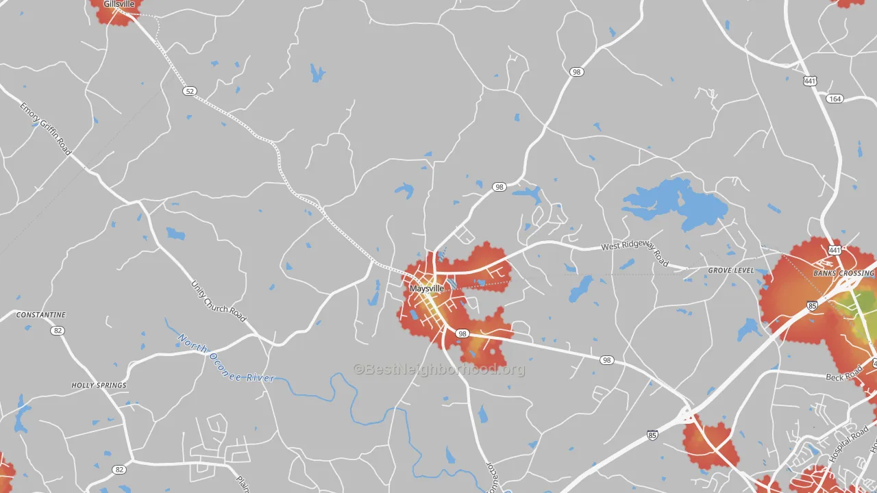 Walk Grade map of 30558, GA, walkable areas in green and car-dependent areas in red