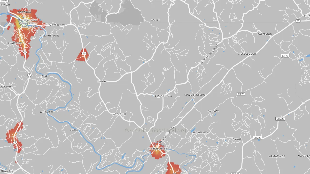 Walk Grade map of 30559, GA, walkable areas in green and car-dependent areas in red