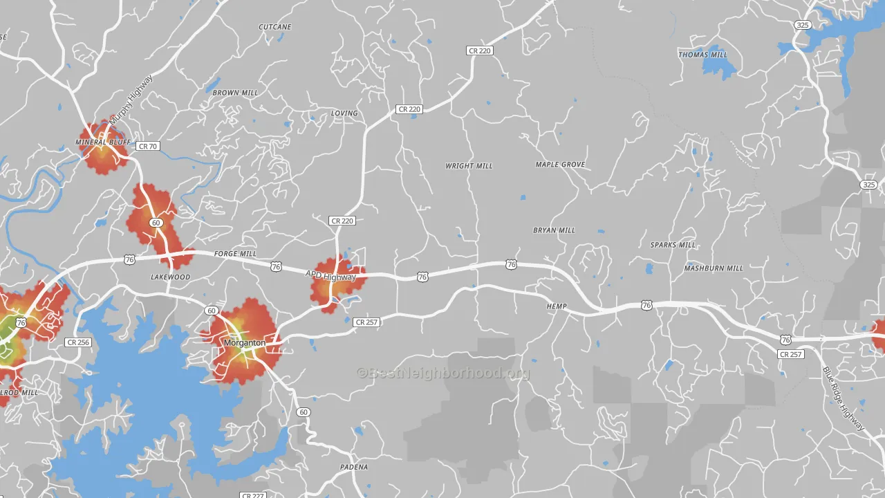 Walk Grade map of 30560, GA, walkable areas in green and car-dependent areas in red
