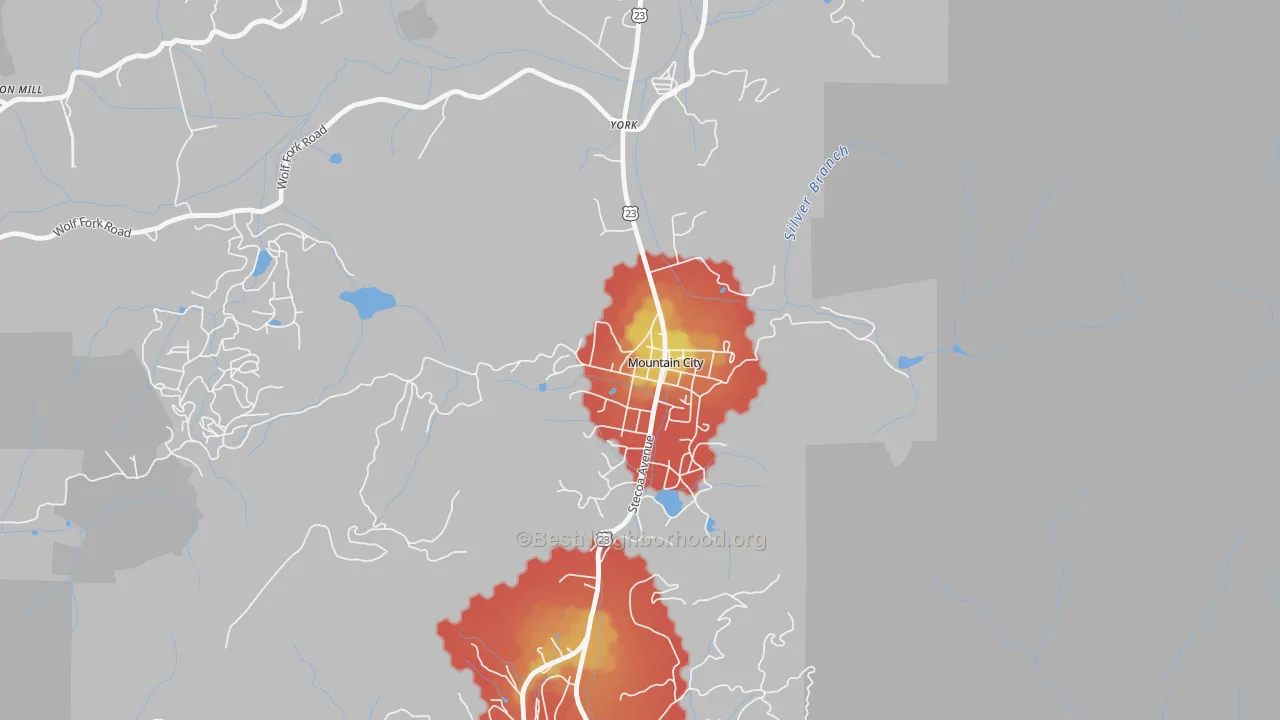 Walk Grade map of 30562, GA, walkable areas in green and car-dependent areas in red