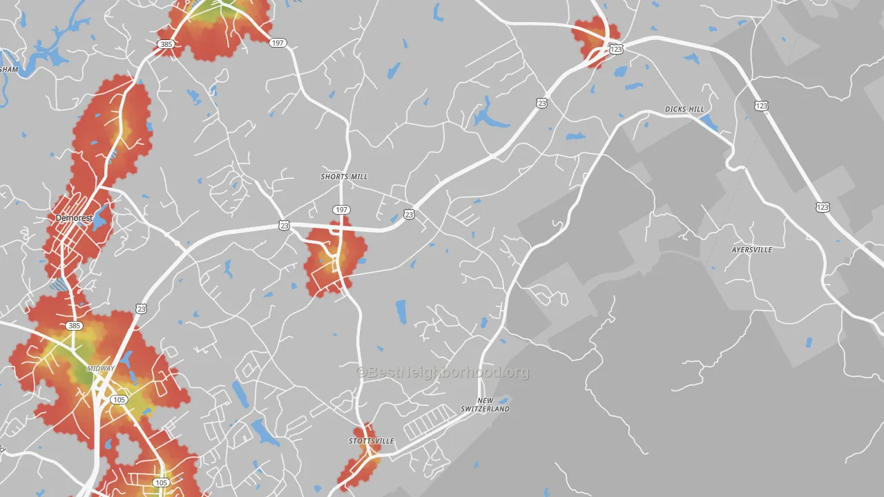 Walk Grade map of 30563, GA, walkable areas in green and car-dependent areas in red