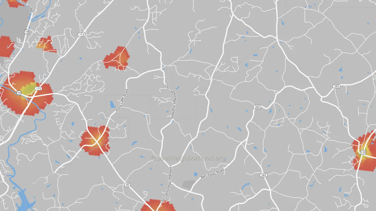 Walk Grade map of 30564, GA, walkable areas in green and car-dependent areas in red