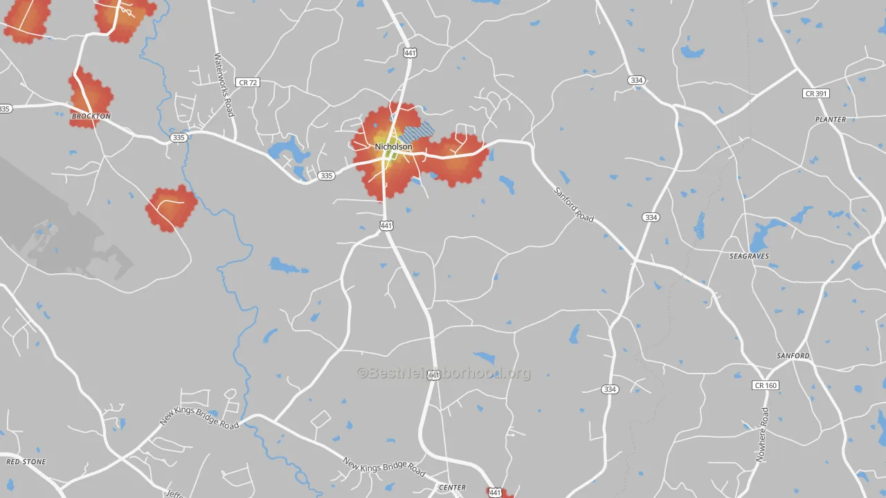 Walk Grade map of 30565, GA, walkable areas in green and car-dependent areas in red