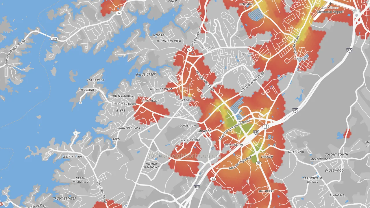 Walk Grade map of 30566, GA, walkable areas in green and car-dependent areas in red
