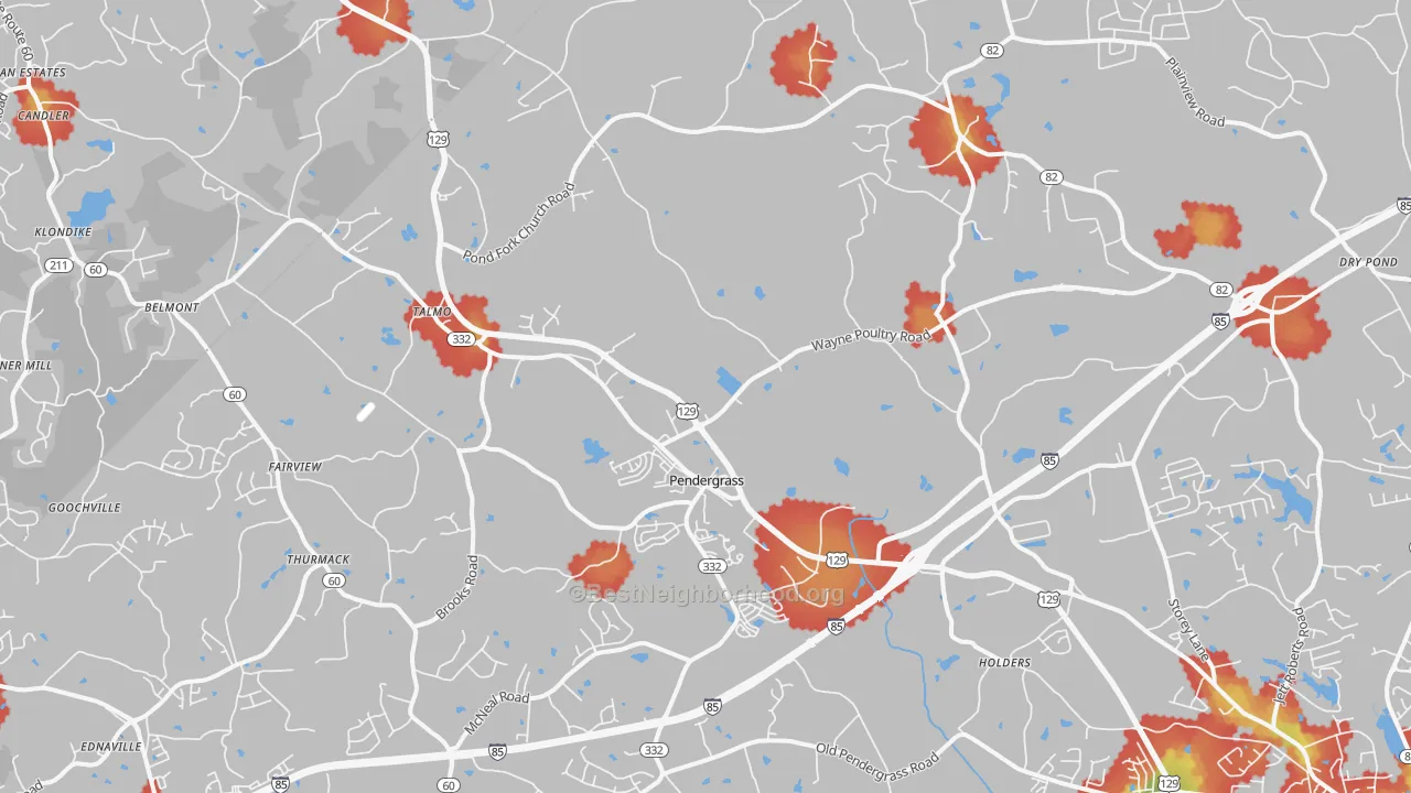 Walk Grade map of 30567, GA, walkable areas in green and car-dependent areas in red