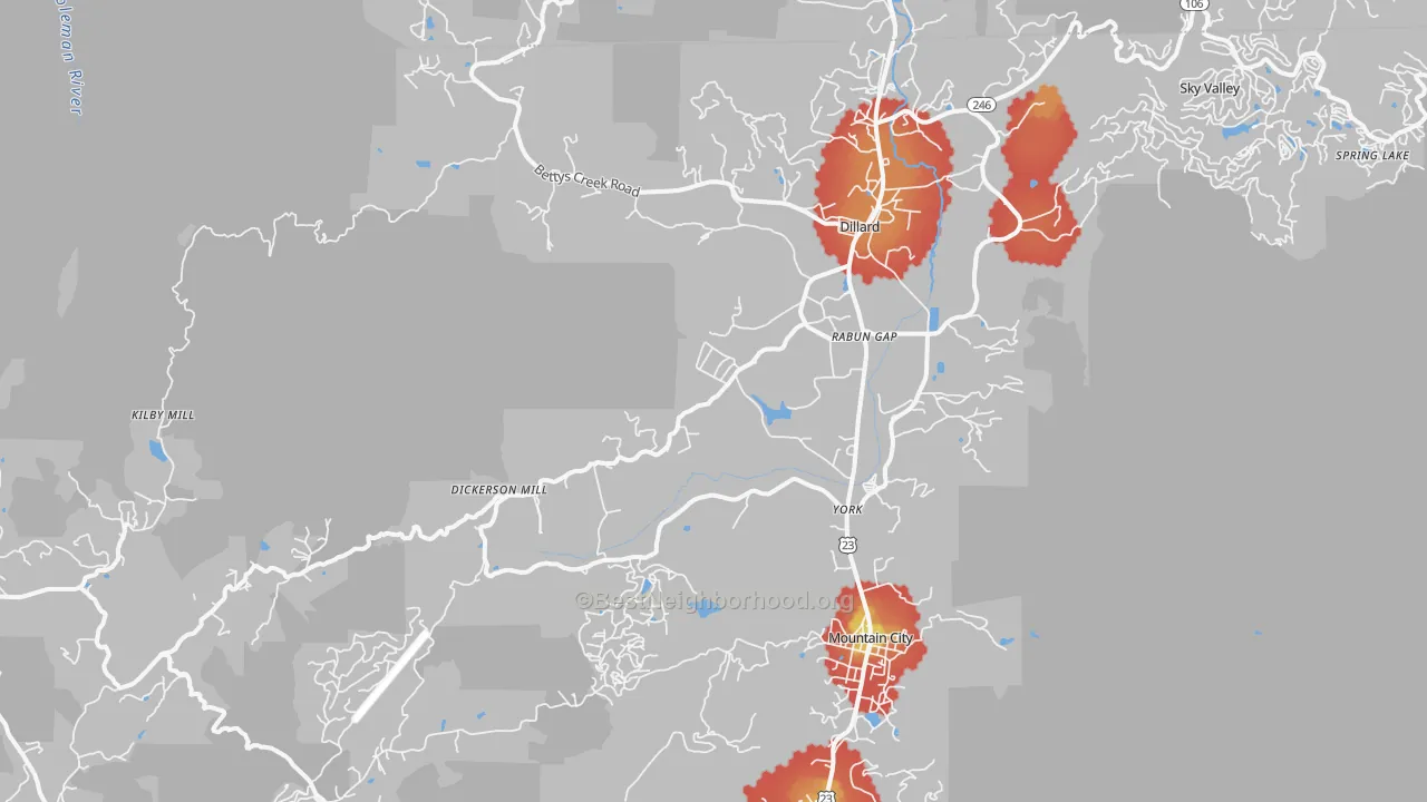 Walk Grade map of 30568, GA, walkable areas in green and car-dependent areas in red