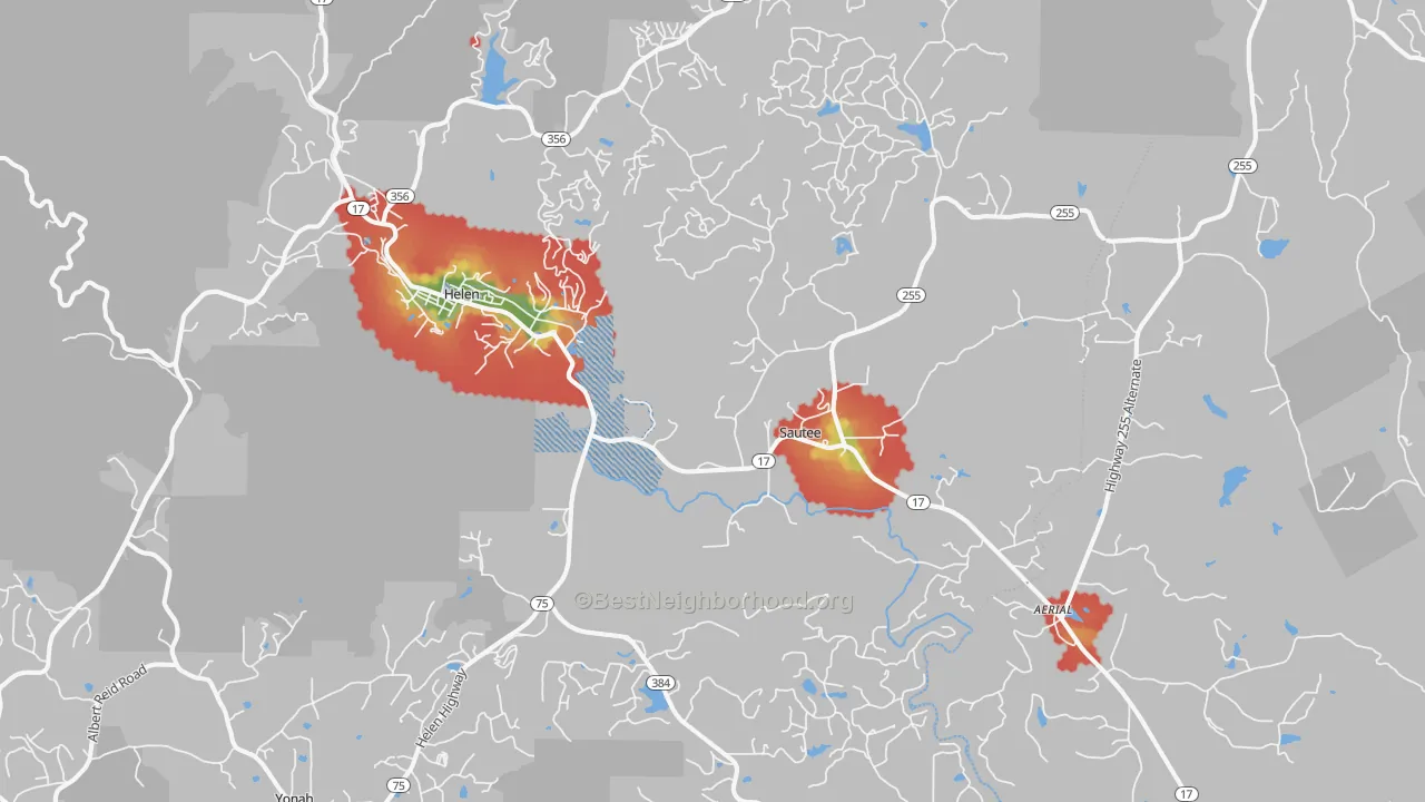 Walk Grade map of 30571, GA, walkable areas in green and car-dependent areas in red