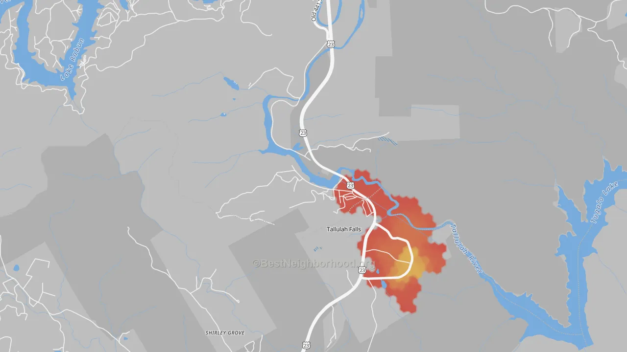 Walk Grade map of 30573, GA, walkable areas in green and car-dependent areas in red