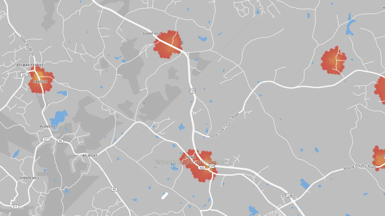 Walk Grade map of 30575, GA, walkable areas in green and car-dependent areas in red