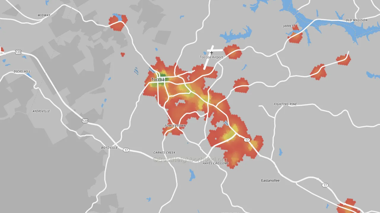 Walk Grade map of 30577, GA, walkable areas in green and car-dependent areas in red
