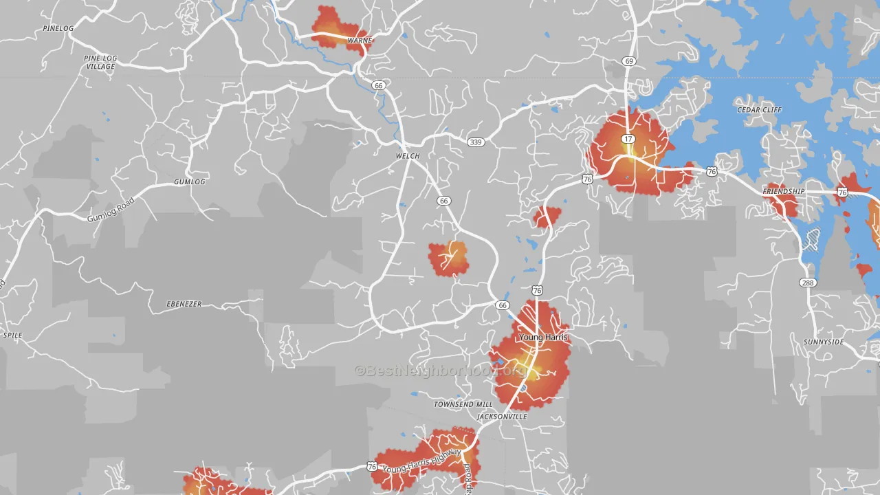 Walk Grade map of 30582, GA, walkable areas in green and car-dependent areas in red