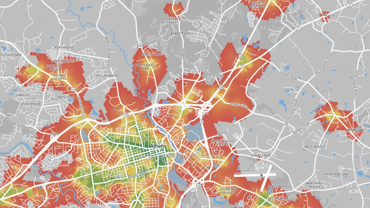 Walk Grade map of 30601, GA, walkable areas in green and car-dependent areas in red