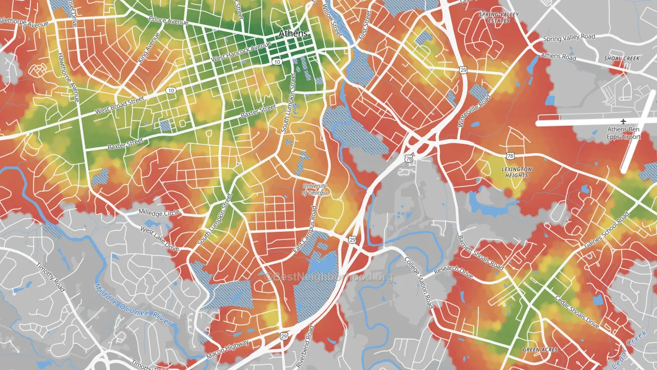 Walk Grade map of 30602, GA, walkable areas in green and car-dependent areas in red