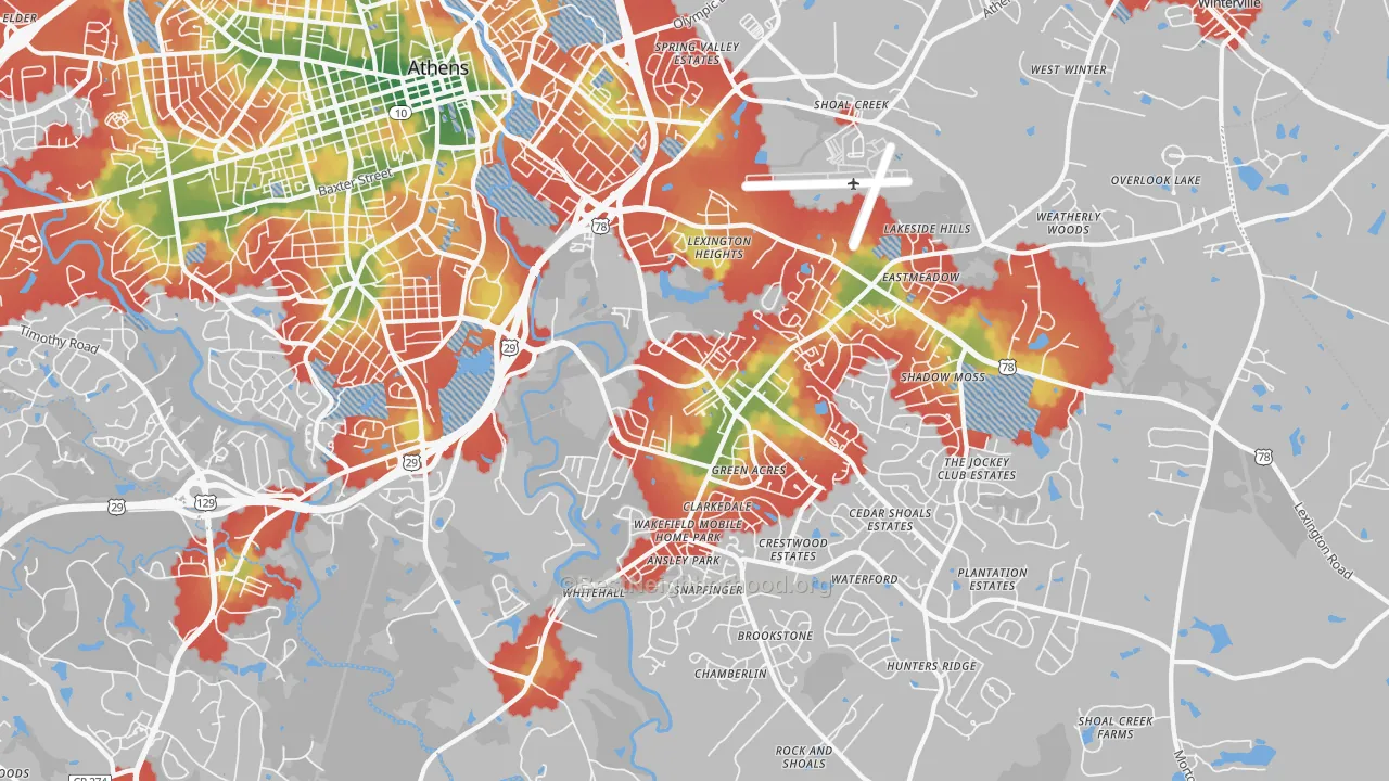 Walk Grade map of 30605, GA, walkable areas in green and car-dependent areas in red