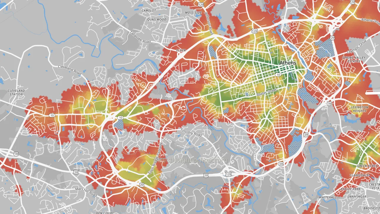 Walk Grade map of 30606, GA, walkable areas in green and car-dependent areas in red