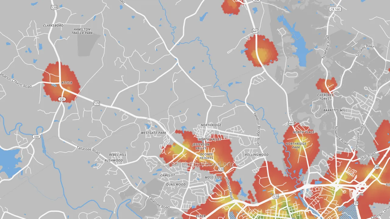 Walk Grade map of 30607, GA, walkable areas in green and car-dependent areas in red