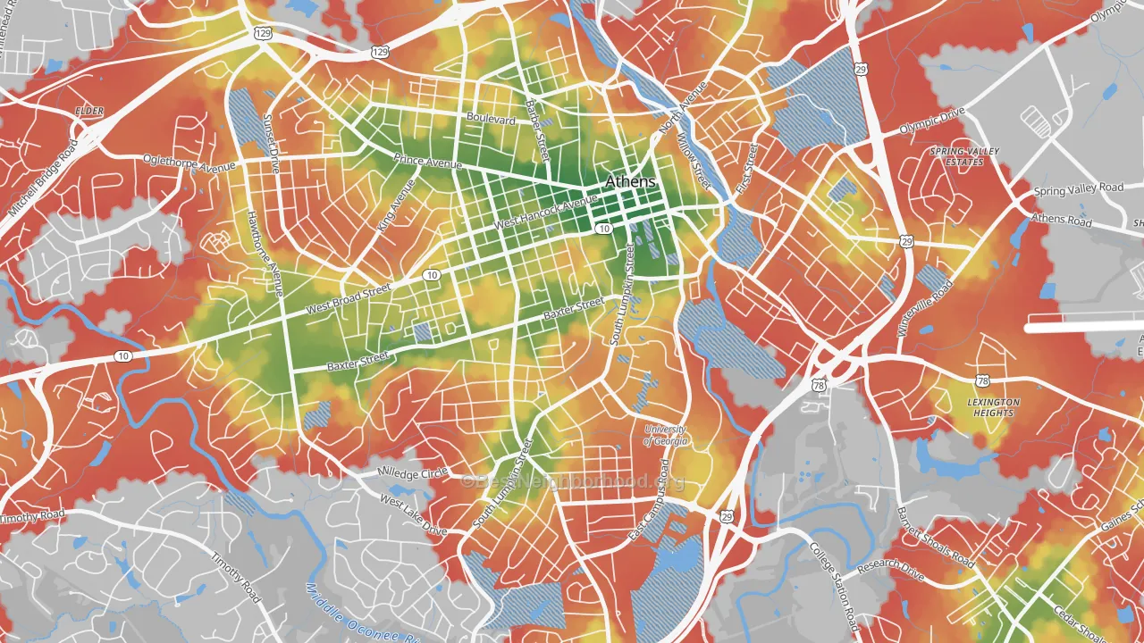 Walk Grade map of 30609, GA, walkable areas in green and car-dependent areas in red
