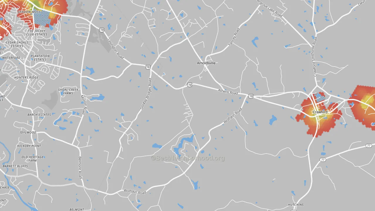 Walk Grade map of 30619, GA, walkable areas in green and car-dependent areas in red