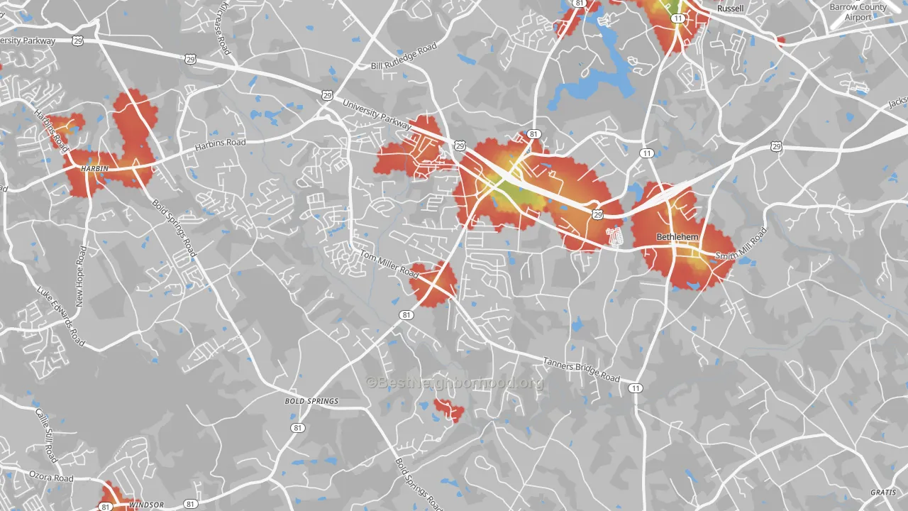 Walk Grade map of 30620, GA, walkable areas in green and car-dependent areas in red