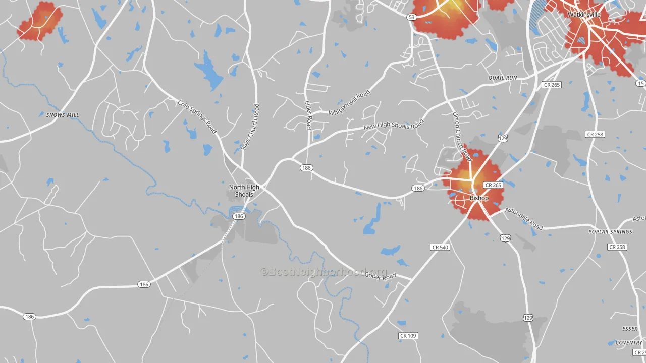 Walk Grade map of 30621, GA, walkable areas in green and car-dependent areas in red