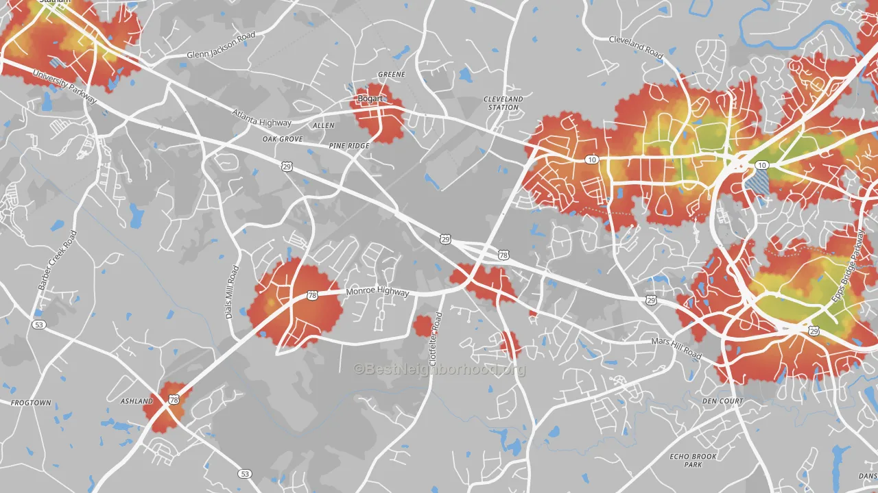 Walk Grade map of 30622, GA, walkable areas in green and car-dependent areas in red