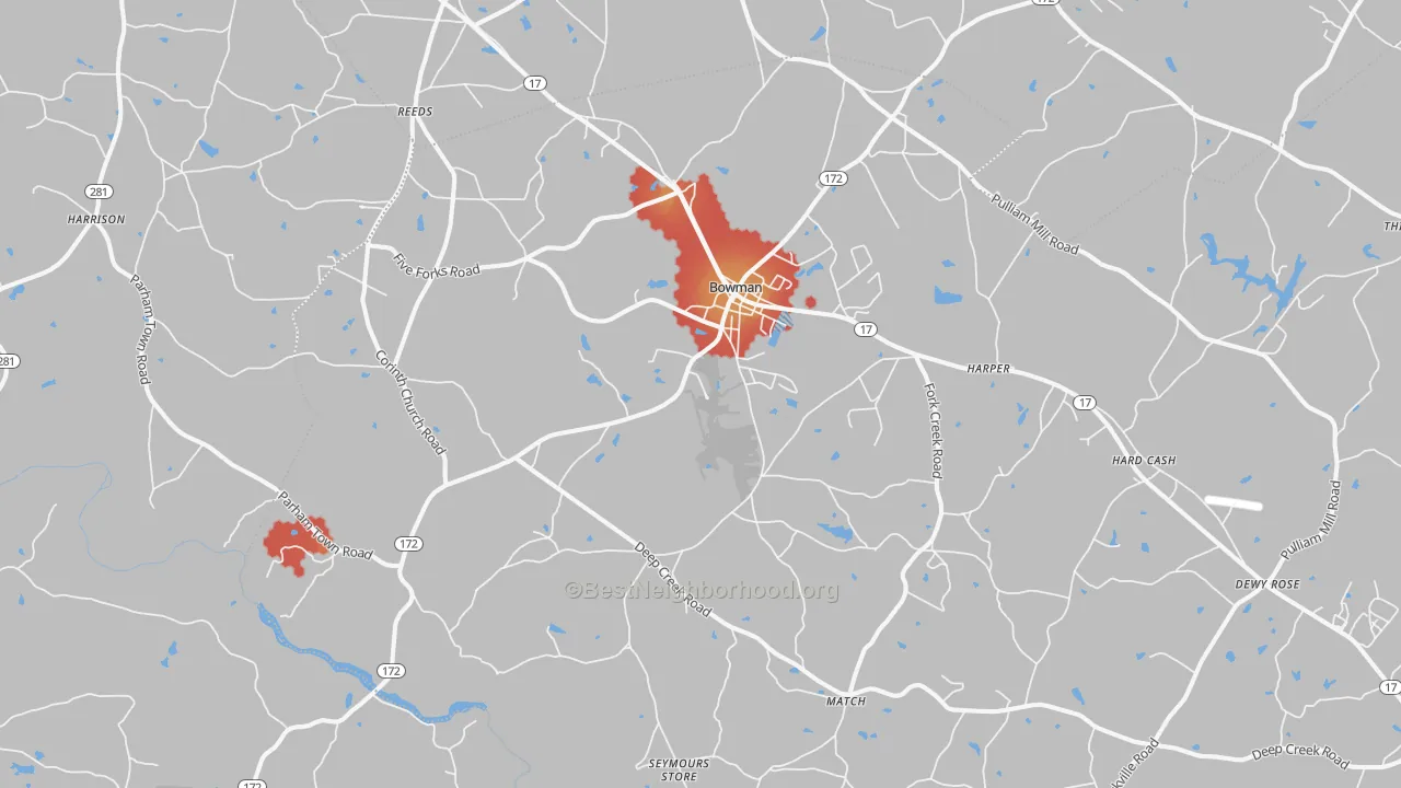 Walk Grade map of 30624, GA, walkable areas in green and car-dependent areas in red