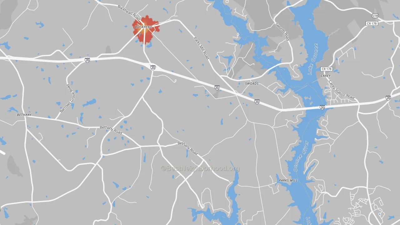 Walk Grade map of 30625, GA, walkable areas in green and car-dependent areas in red