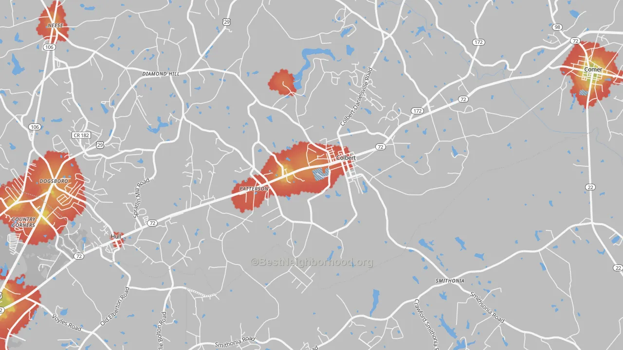 Walk Grade map of 30628, GA, walkable areas in green and car-dependent areas in red