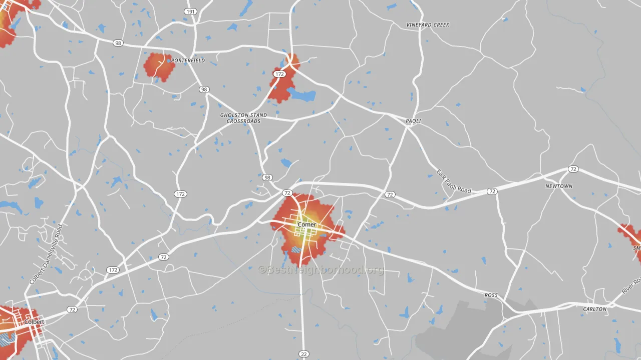 Walk Grade map of 30629, GA, walkable areas in green and car-dependent areas in red