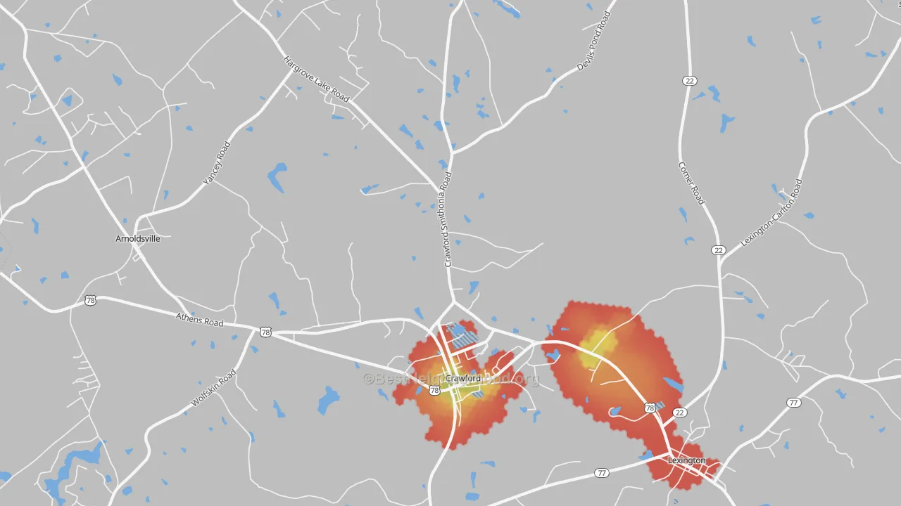 Walk Grade map of 30630, GA, walkable areas in green and car-dependent areas in red