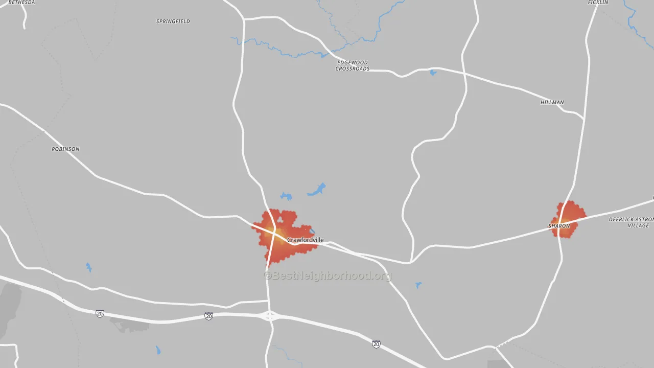 Walk Grade map of 30631, GA, walkable areas in green and car-dependent areas in red