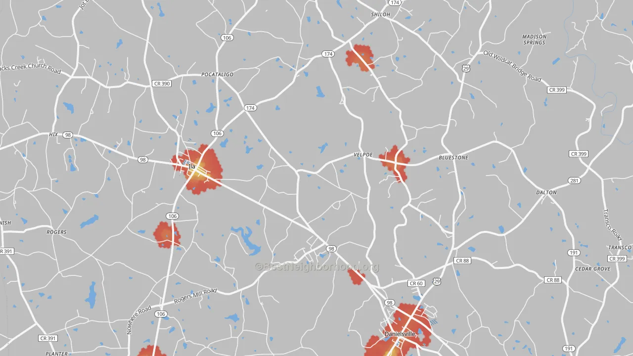 Walk Grade map of 30633, GA, walkable areas in green and car-dependent areas in red