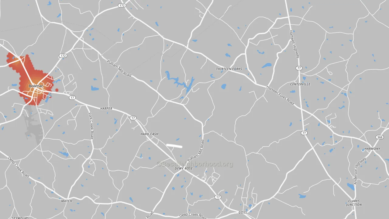 Walk Grade map of 30634, GA, walkable areas in green and car-dependent areas in red